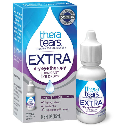 TheraTears Lubricant Eye Drops Extra Dry Therapy bottle by Pasteur Pharmacy, 0.5 fl oz for dry, irritated eyes.