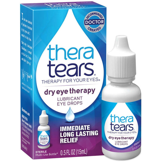 TheraTears lubricant eye drops in a sterile multi-use bottle, 0.5 fl oz, for dry or irritated eyes.