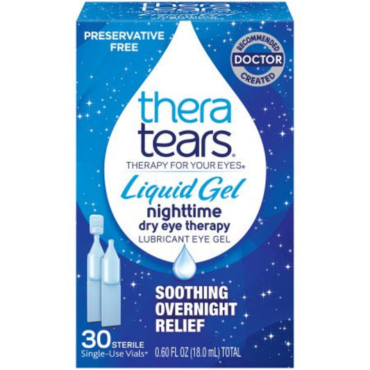 TheraTears Lubricant Eye Gel Nighttime sterile units, 30 count, by Pasteur Pharmacy, providing soothing relief for dry eyes.