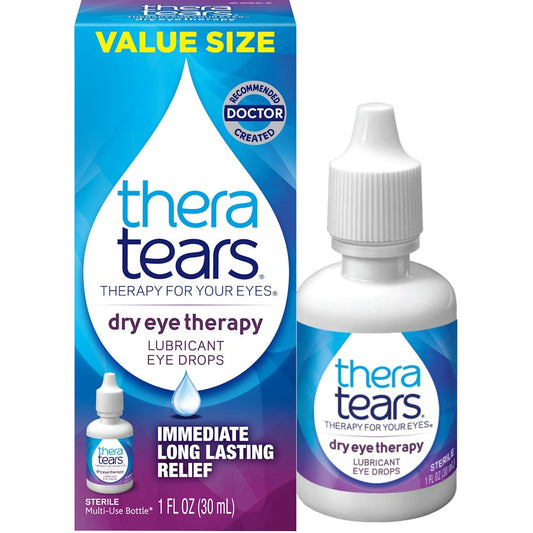 Pasteur Pharmacy TheraTears Value Size sterile lubricant eye drops in 1 fl oz bottle, used for dry and irritated eyes.