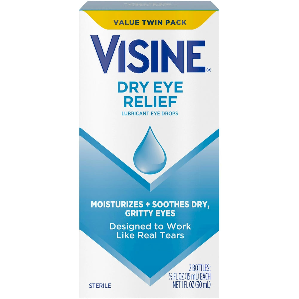 Visine Dry Eye Relief 1oz eye drops by Pasteur Pharmacy, clear bottle with dropper for soothing dry eyes.