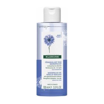 Klorane Waterproof Eye Make-Up Remover with organically farmed cornflower, 3.3 oz, in a clear bottle with a white cap.