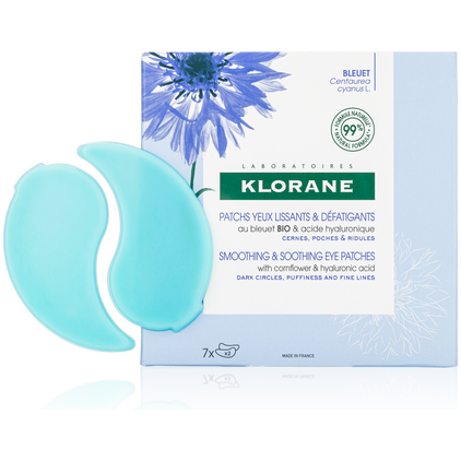 Klorane smoothing and relaxing eye patches with soothing cornflower and chamomile, displayed in a 7-set package.