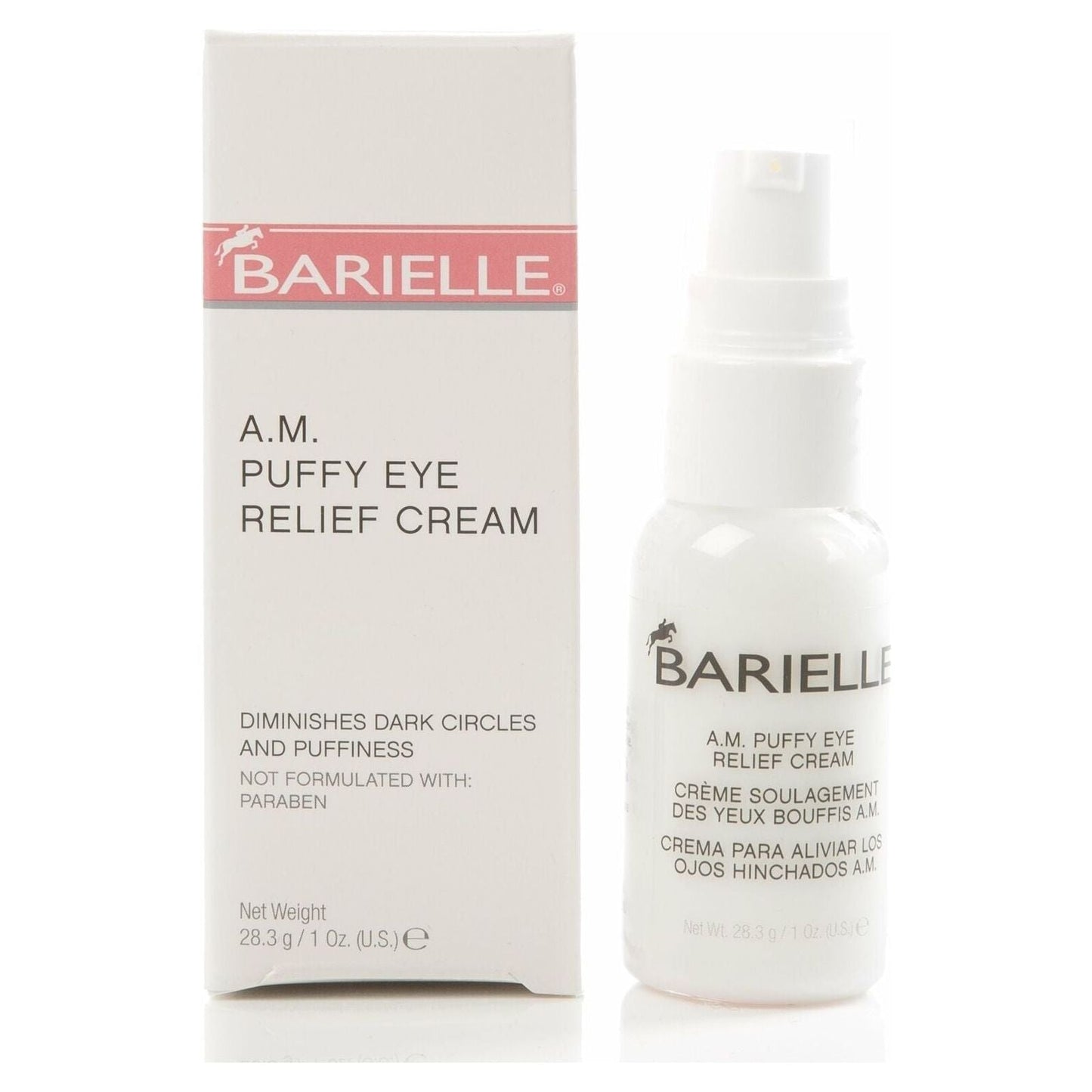 Barielle A.M. Puffy Eye Relief Cream in 1 oz jar, featuring smooth cream texture for reducing puffiness around the eyes.