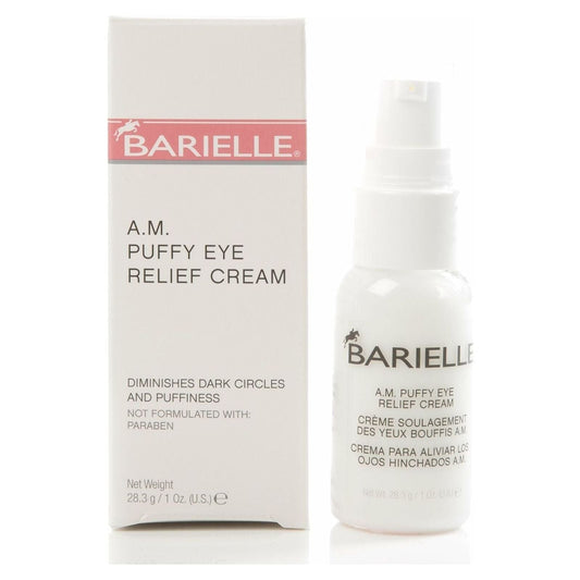 Barielle A.M. Puffy Eye Relief Cream in 1 oz jar, featuring smooth cream texture for reducing puffiness around the eyes.