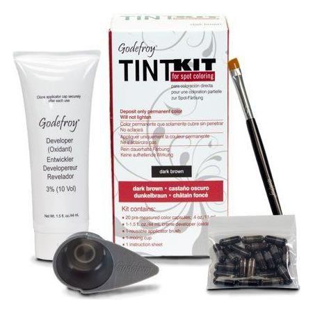 Godefroy Tint Kit Dark Brown eyebrow tint kit by Pasteur Pharmacy with 20 applications showing the included tinting supplies.