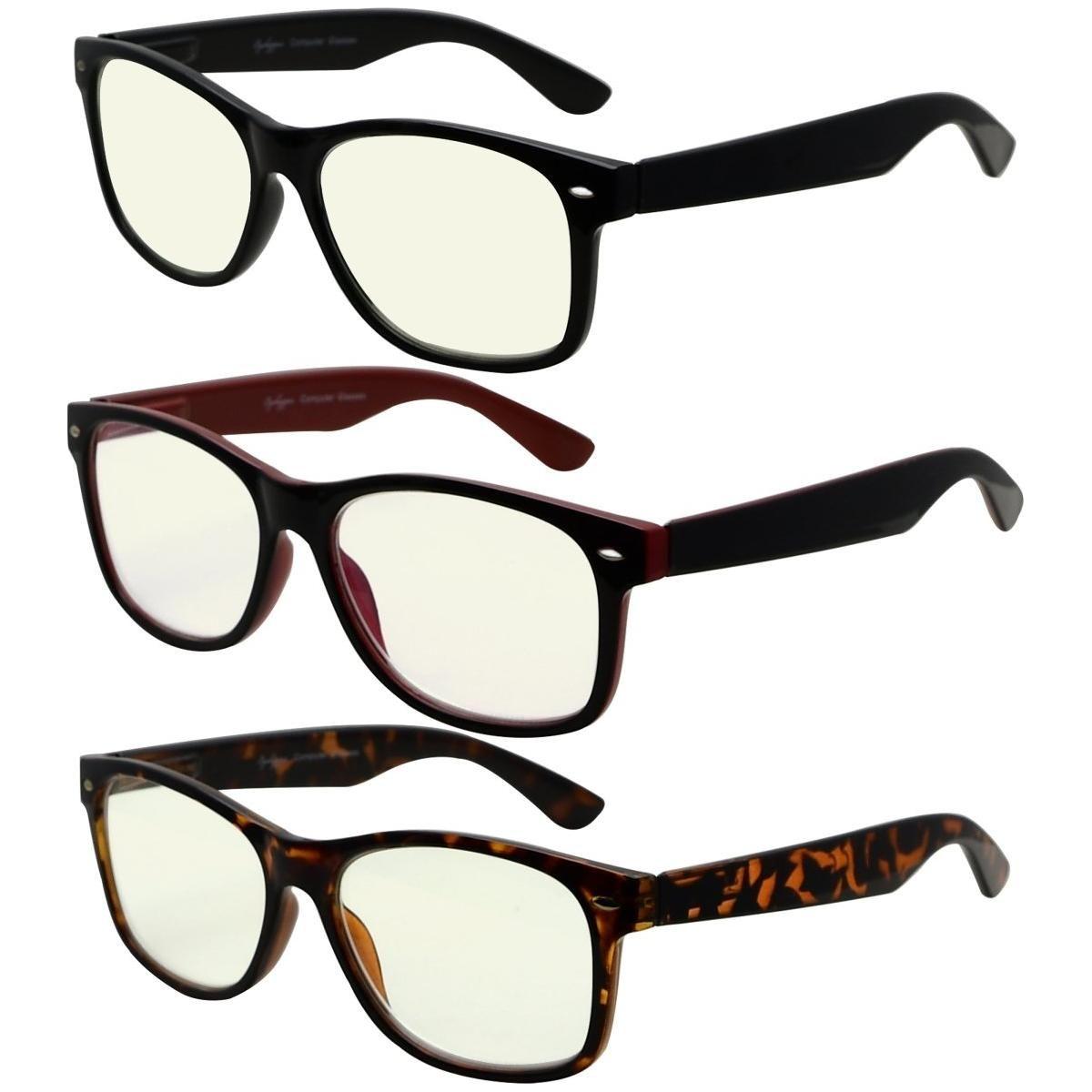 Three pairs of Pasteur Pharmacy classic blue light filter reading glasses in a mix of styles and colors, UV109 model.