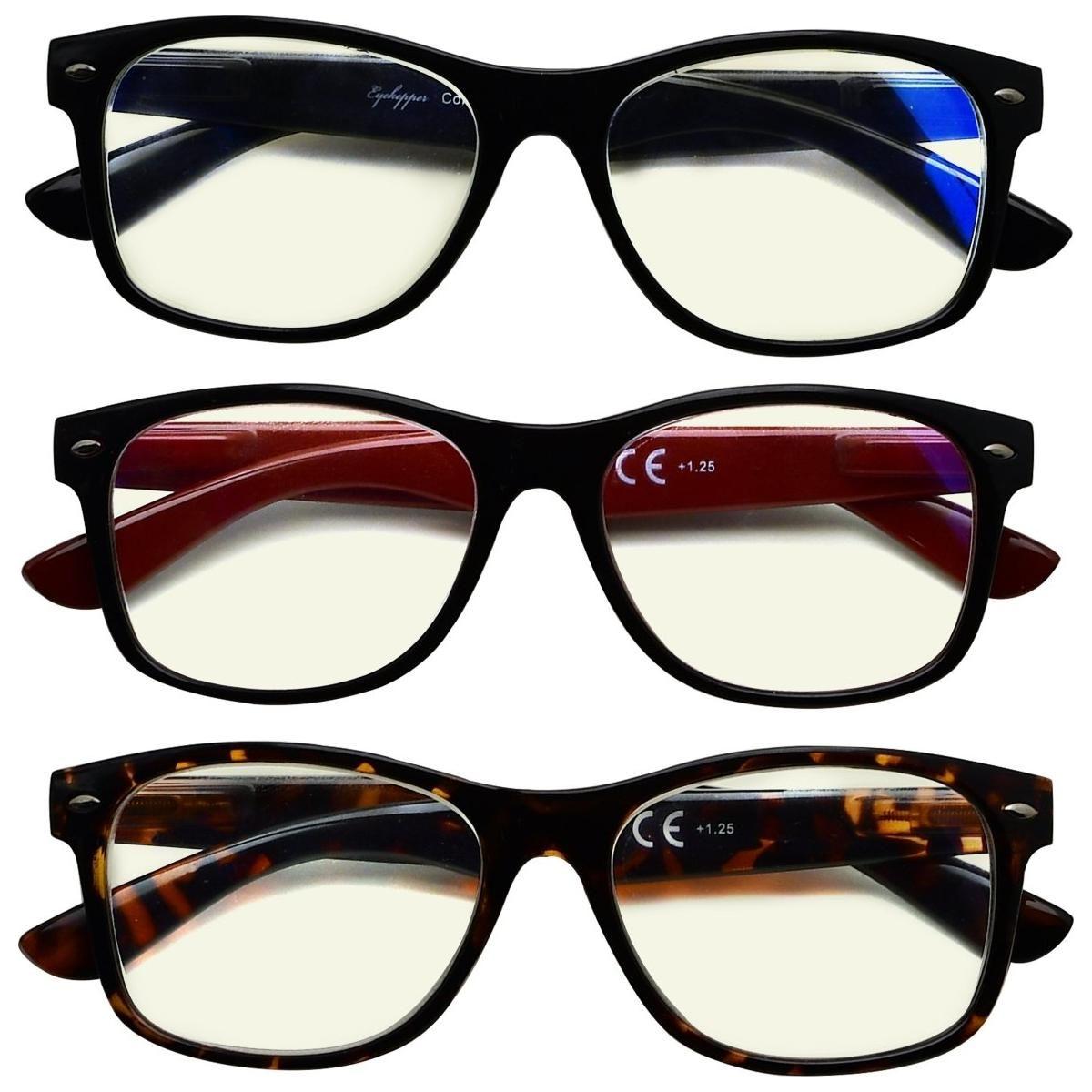 Three pairs of classic blue light filter reading glasses with UV109 coating, featuring clear frames and adjustable temples.