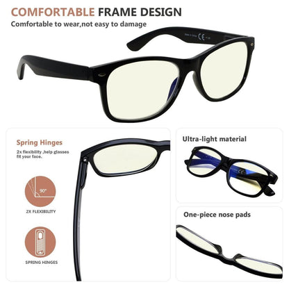 Three pairs of Pasteur Pharmacy classic blue light filter reading glasses with UV protection, featuring clear lenses and stylish frames.