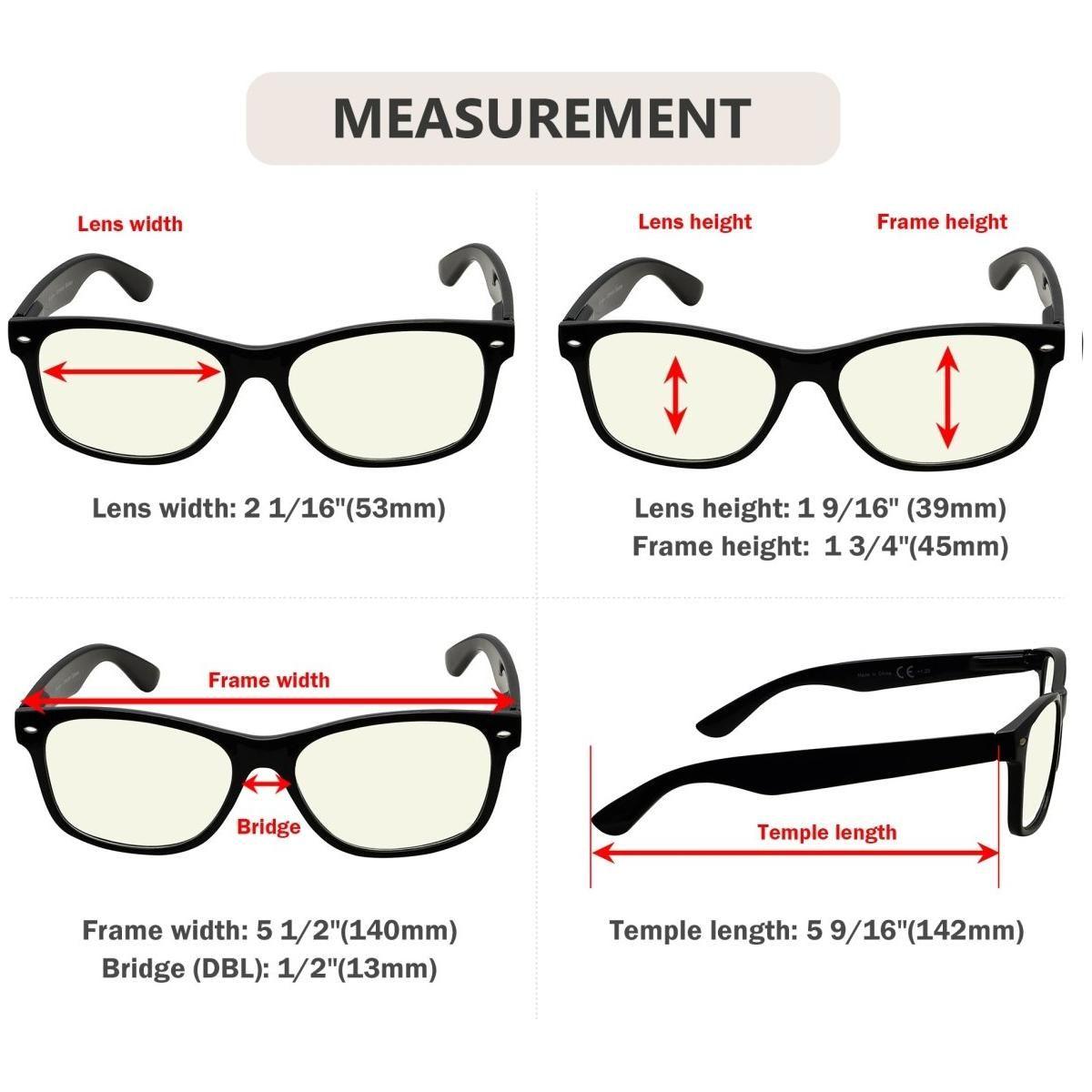 Three pairs of classic blue light filter reading glasses with clear lenses, in a mix of styles, by Pasteur Pharmacy.