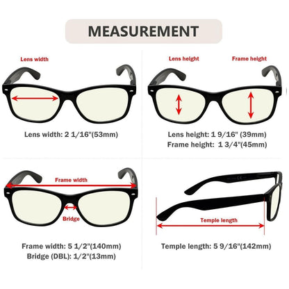Three pairs of classic blue light filter reading glasses with clear lenses, in a mix of styles, by Pasteur Pharmacy.