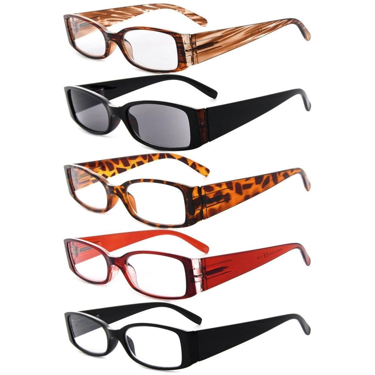Five pairs of rectangle stylish reading glasses from Pasteur Pharmacy, featuring black, tortoise, and clear frames.