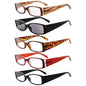 Five pairs of rectangle stylish reading glasses from Pasteur Pharmacy, featuring black, tortoise, and clear frames.