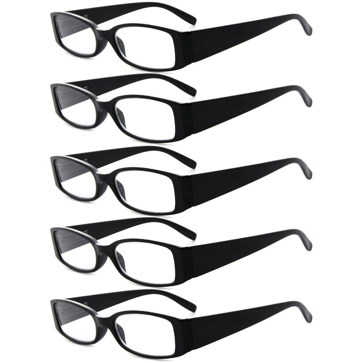 Five pairs of rectangle stylish reading glasses from Pasteur Pharmacy, with black, tortoise, and clear frames, R040-A model.