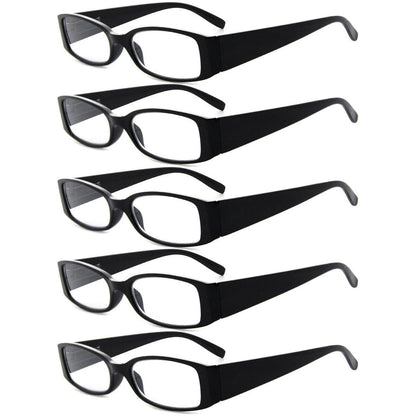 Five pairs of rectangle stylish reading glasses from Pasteur Pharmacy, with black, tortoise, and clear frames, R040-A model.