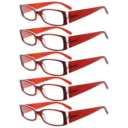Five pairs of Pasteur Pharmacy rectangle stylish reading glasses, mix of colors, lightweight and fashionable eyewear for reading.