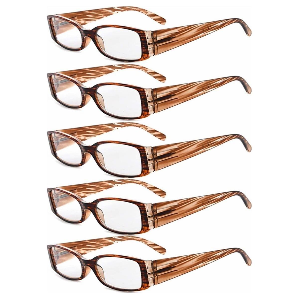 Five pairs of stylish rectangle reading glasses in black, tortoise, and clear frames from Pasteur Pharmacy.