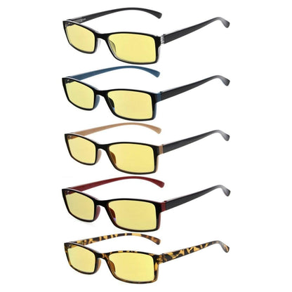 Set of five small blue light blocking eyeglasses from Pasteur Pharmacy, mix of styles without magnification.