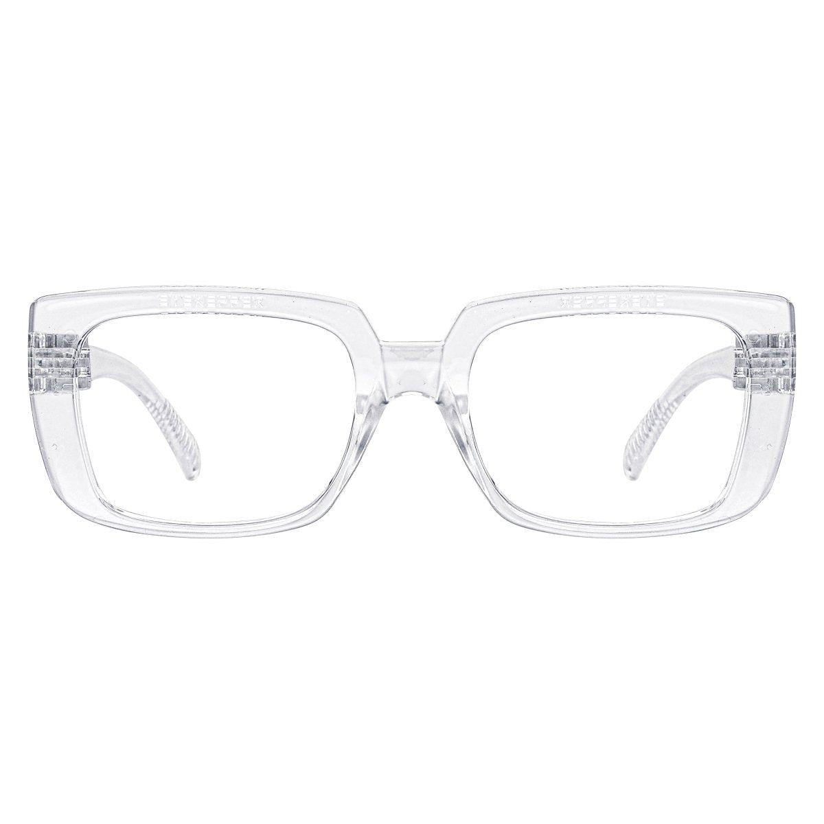 Black metalless screwless blue light blocking eyeglasses with clear lenses, designed for computer use and eye protection.