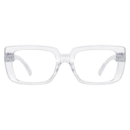 Black metalless screwless blue light blocking eyeglasses with clear lenses, designed for computer use and eye protection.