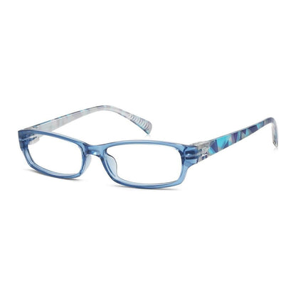 Blue frame-only eyeglasses by Pasteur Pharmacy, no prescription, showcasing sleek design and modern style.
