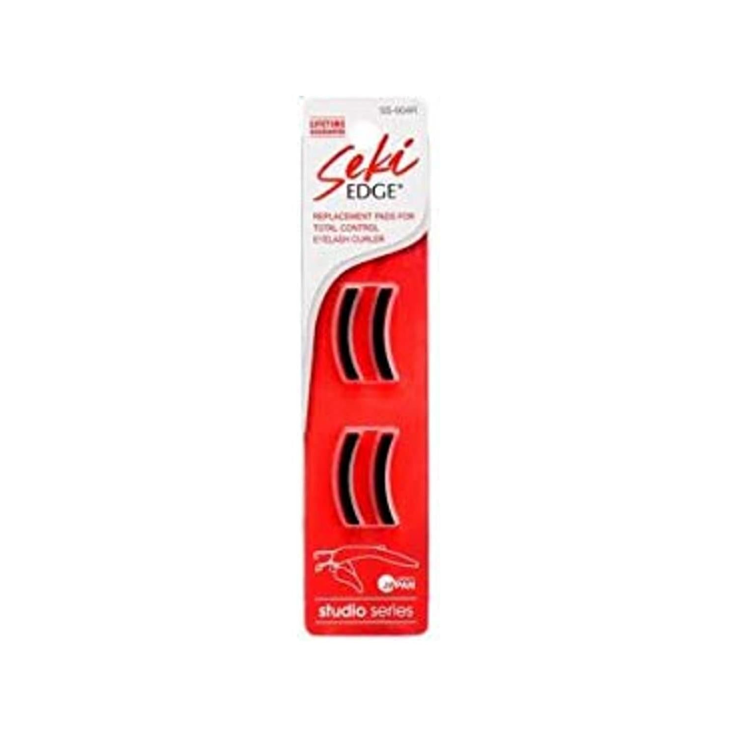 Seki Edge replacement pads for TC eyelash curler, Pasteur Pharmacy brand, showing close-up of black eyelash curler pads.