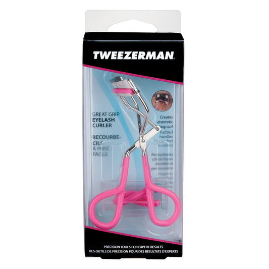 Tweezerman Great Grip Eyelash Curler in neon pink with rubberized handle for easy, precise eyelash curling.