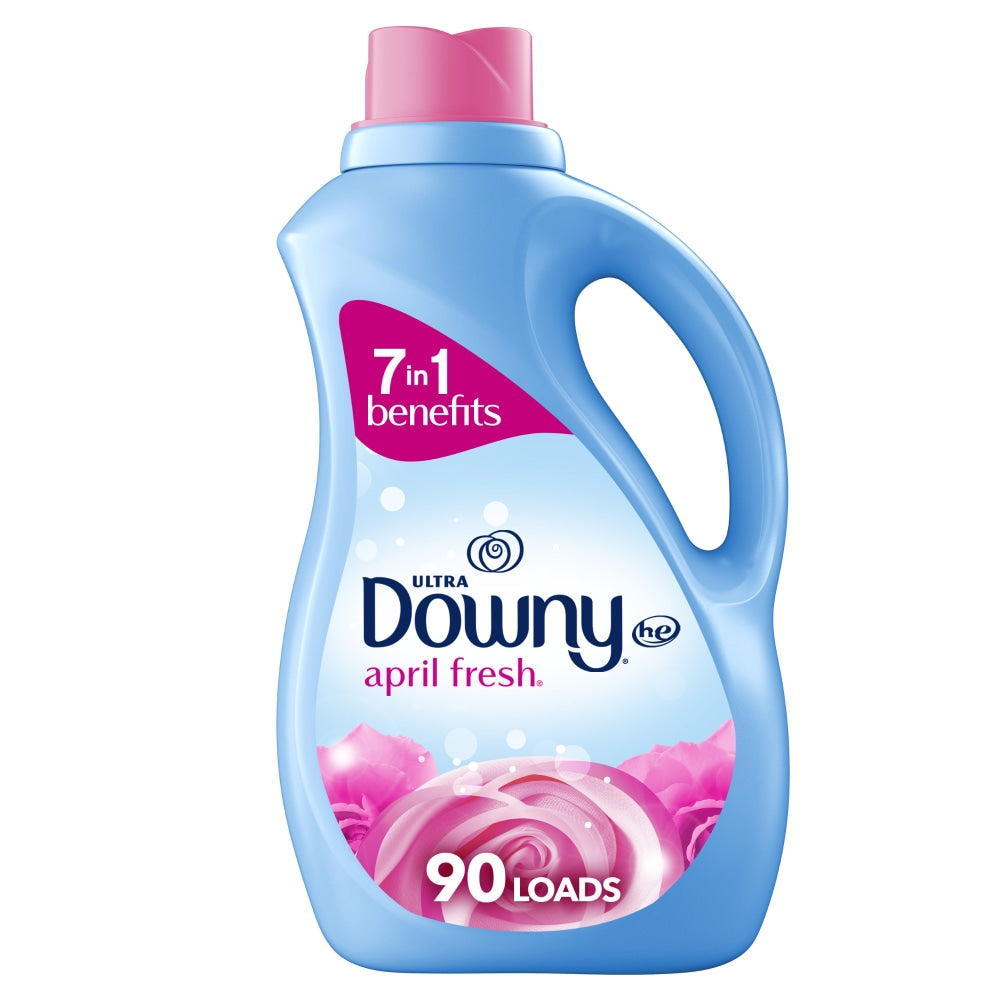 Downy Soft 2-in-1 liquid fabric softener bottle with April Fresh scent, 90 loads, 66 fl oz, in a clear plastic container