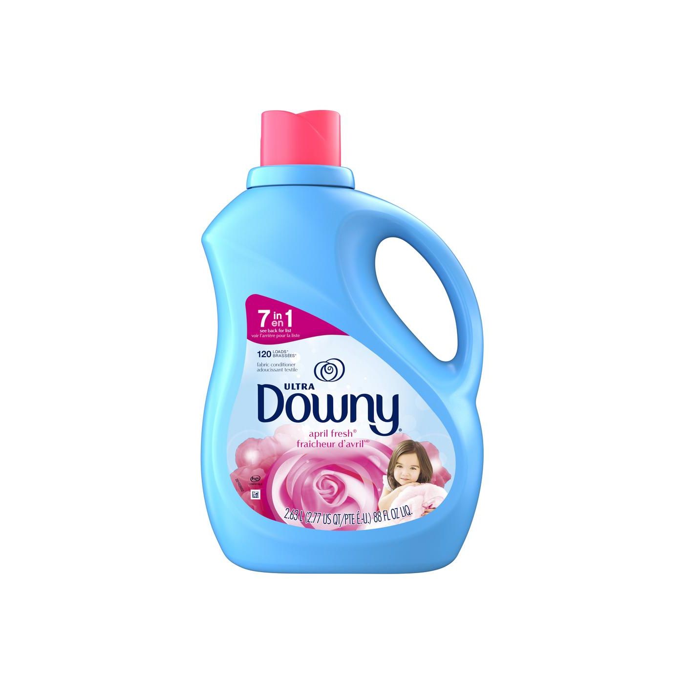 Downy Ultra Liquid Fabric Softener in April Fresh scent, 88 fl oz, used in laundry for soft, fresh-smelling clothes.
