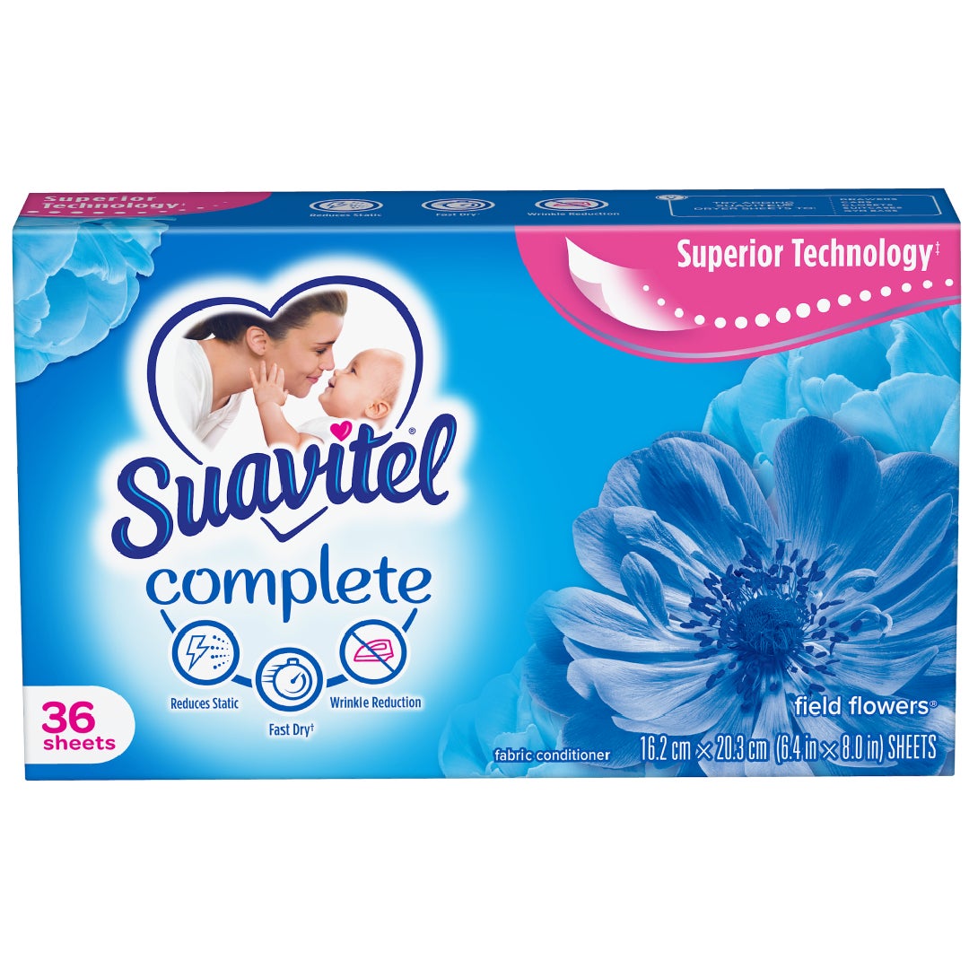 Suavitel Complete fabric softener dryer sheets with Field Flowers scent, 36 count, used for freshening and softening laundry.