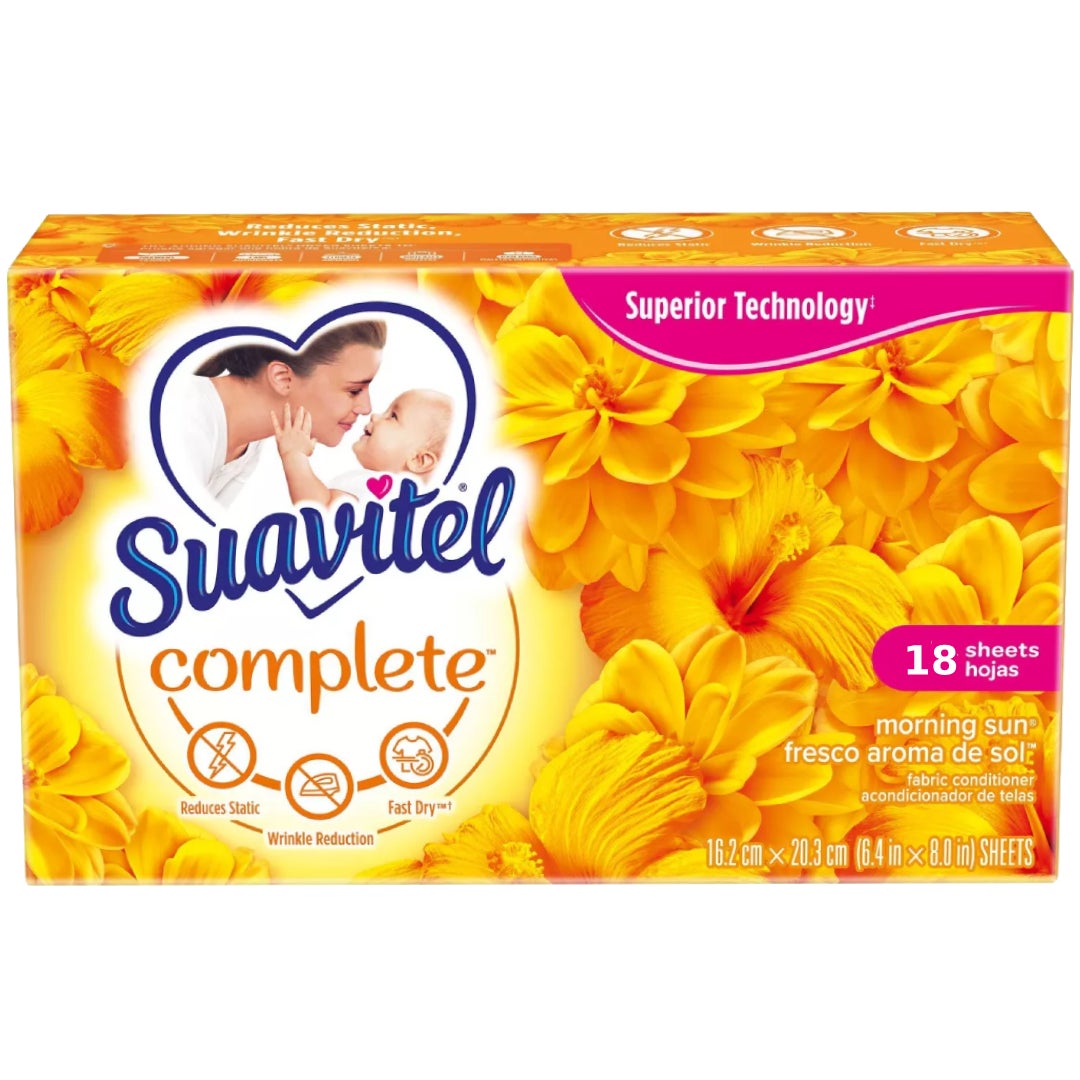 Suavitel Complete fabric softener dryer sheets in Morning Sun scent, 18 sheets, from Pasteur Pharmacy.