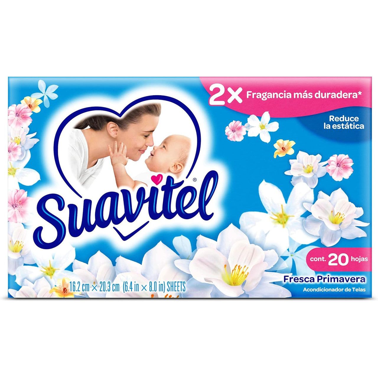 Suavitel Field Flowers fabric conditioner sheets by Pasteur Pharmacy, 20 softening and freshening dryer sheets in the image.