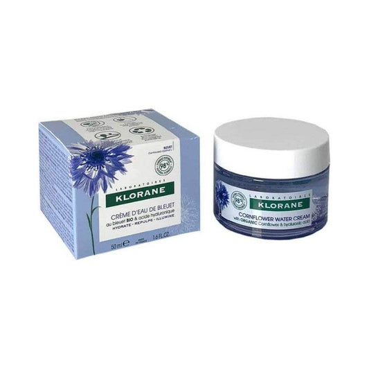 Klorane Cornflower Water Face Cream in 50ml jar, hydrating skincare product with cornflower extract for soothing skin.