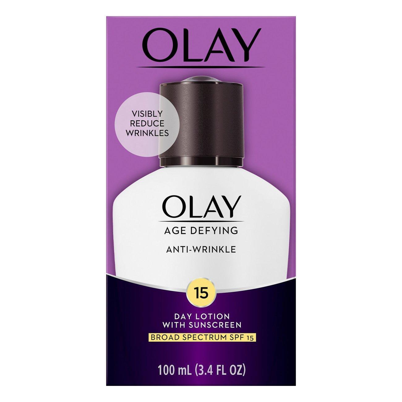 Olay Age Defying Anti-Wrinkle Face Lotion with SPF 15 in 3.4 fl oz tube, moisturizing cream for youthful skin.
