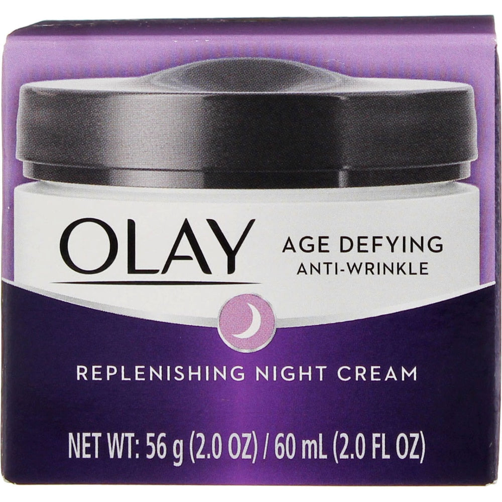 Olay Age Defying Anti-Wrinkle Night Cream in 2oz jar, face cream for youthful skin, shown with the product label.