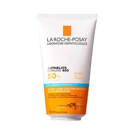 La Roche-Posay Anthelios UVMune 400 SPF50+ face and body hydrating milk lotion in a 150ml bottle, moisturizing skin.
