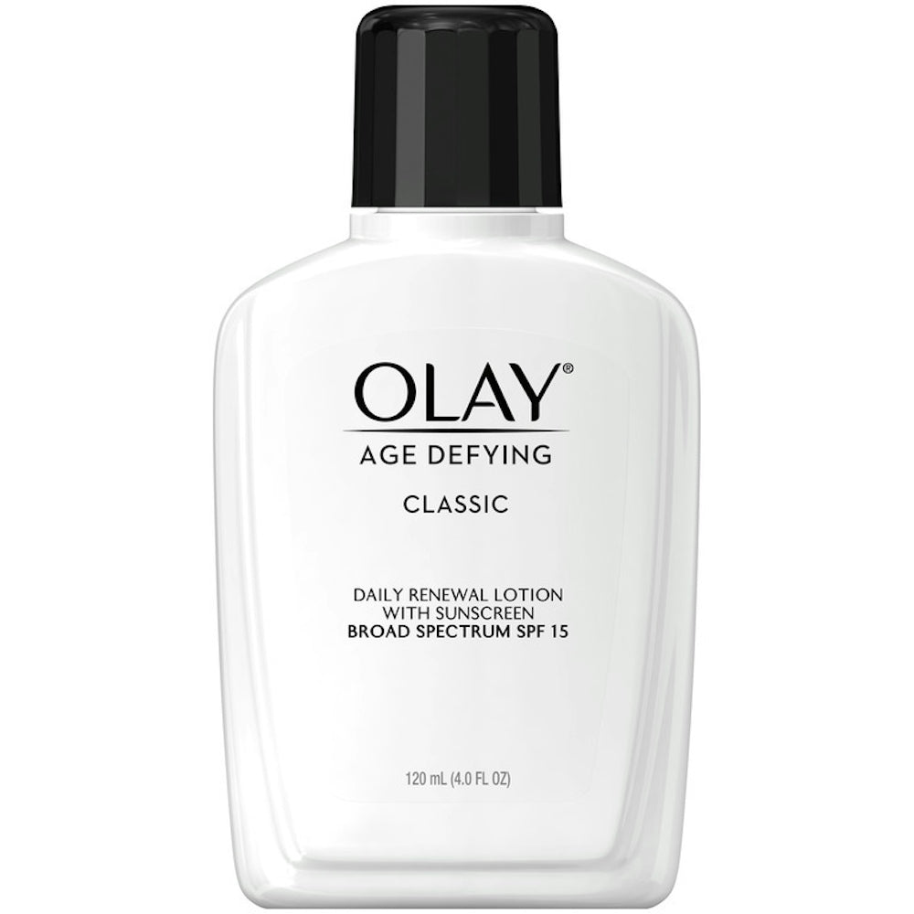 Olay Age Defying Daily Renewal Face Lotion with SPF 15, broad spectrum sunscreen, in classic packaging, for youthful skin.
