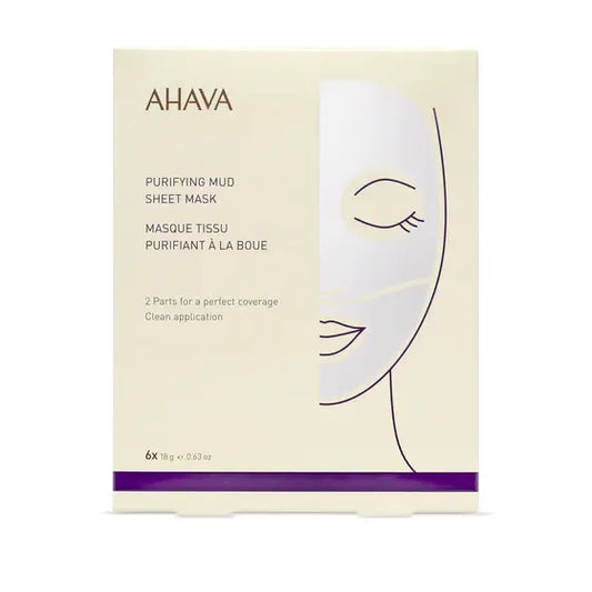 Ahava Purifying Mud Sheet Mask for face, 18g, with natural ingredients, designed to detoxify and clarify skin.