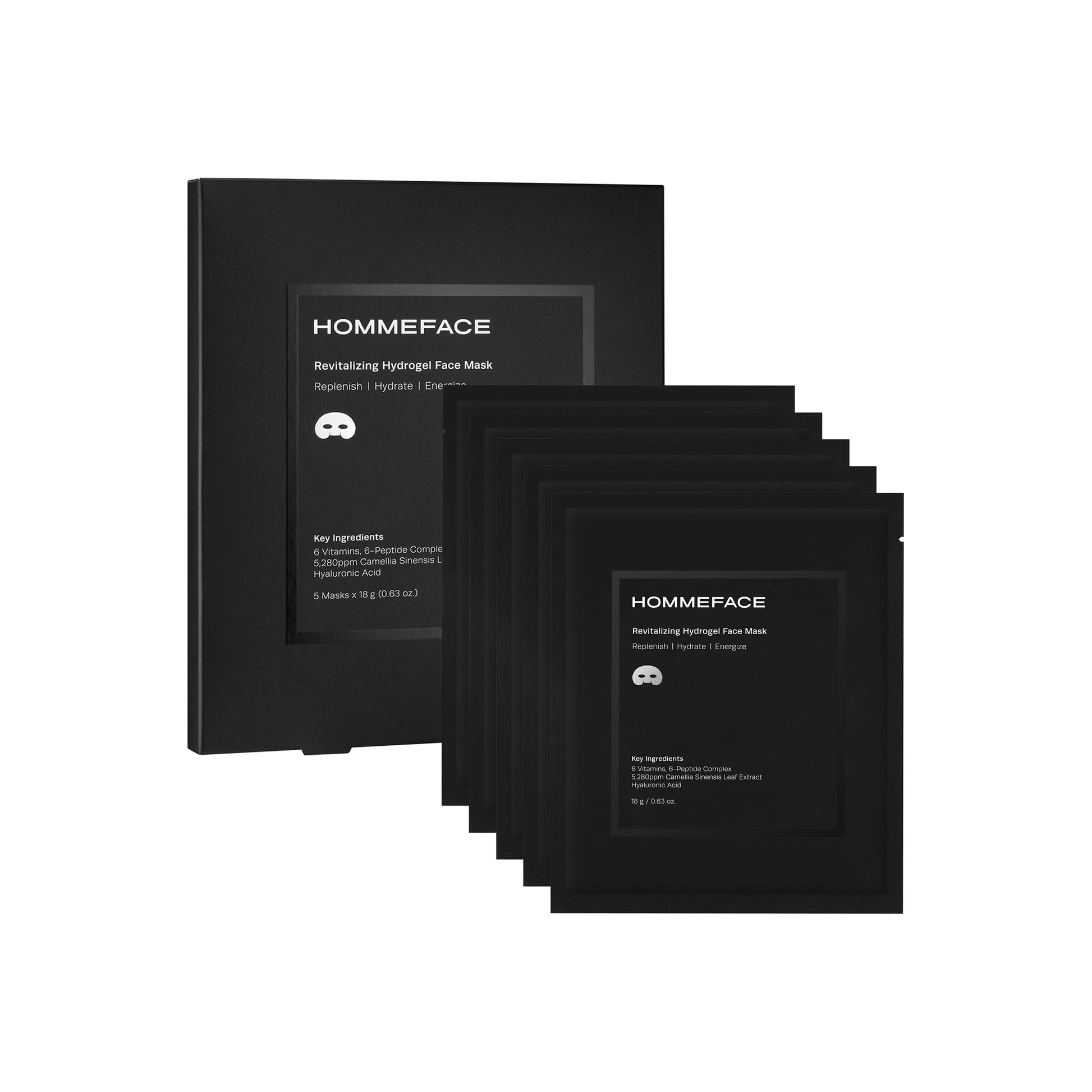 HommeFace revitalizing hydrogel face mask set with 5 masks, each 18g, designed to hydrate and refresh men's skin.
