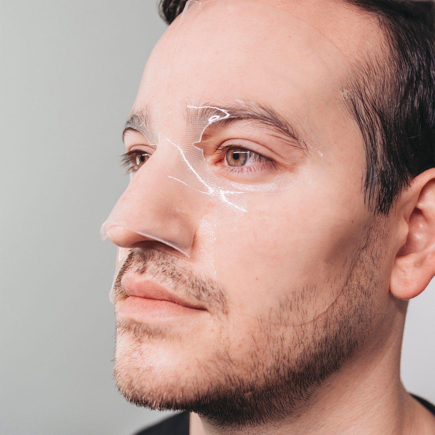HommeFace revitalizing hydrogel face mask set with five 18g masks, featuring a soothing, hydrating skincare treatment.