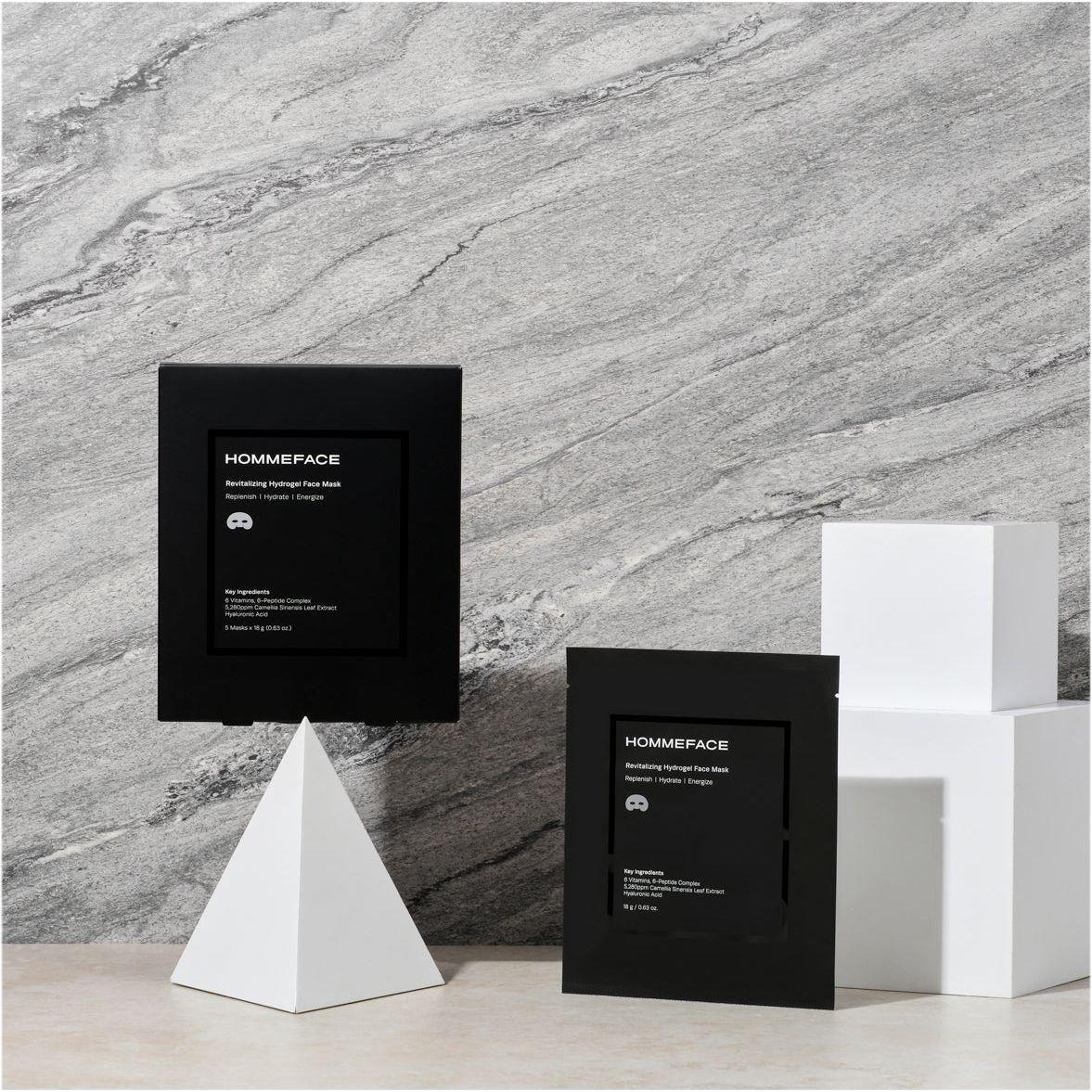HommeFace Revitalizing Hydrogel Face Mask Set with 5 masks in 18g packages, designed for revitalizing skincare.
