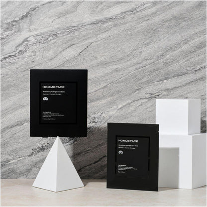 HommeFace Revitalizing Hydrogel Face Mask Set with 5 masks in 18g packages, designed for revitalizing skincare.