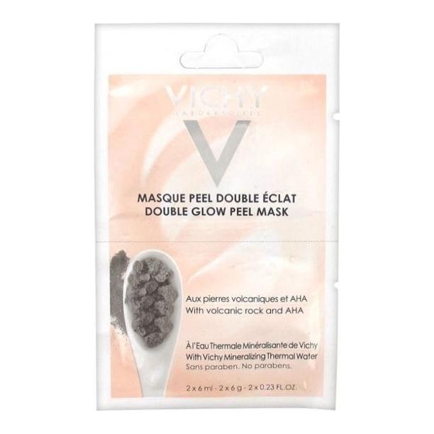 Vichy Double Glow Peel face mask by Pasteur Pharmacy, 2 x 6ml, shown in individual sachets for brightening and skin renewal.
