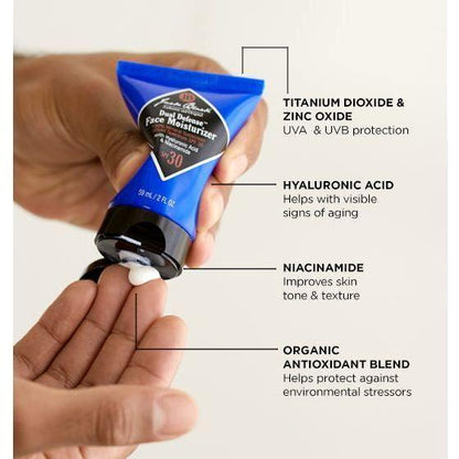 Jack Black Dual Defense Face Moisturizer SPF 30 in 2 oz bottle, hydrating facial moisturizer with sun protection.