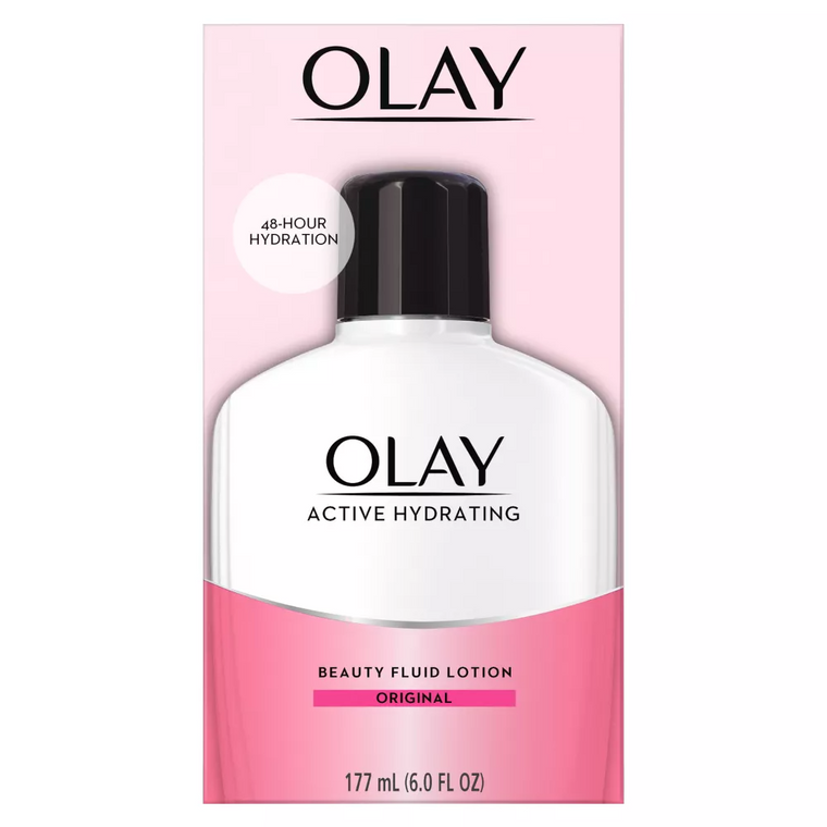 Olay Active Hydrating Original Beauty Fluid Lotion in 6 fl oz bottle, a face moisturizer with a smooth, hydrating formula.