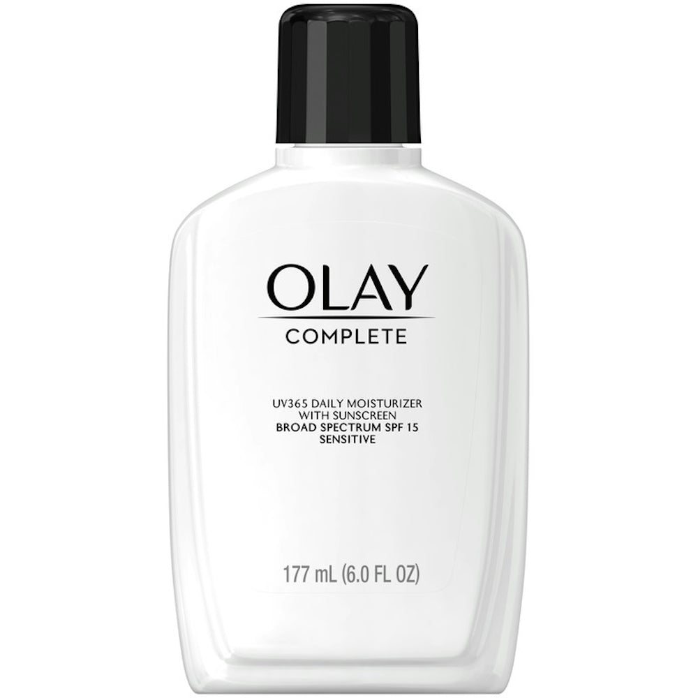 Olay Complete Face Moisturizer with SPF 15 for sensitive skin in a 6 oz bottle, gentle daily hydrating lotion