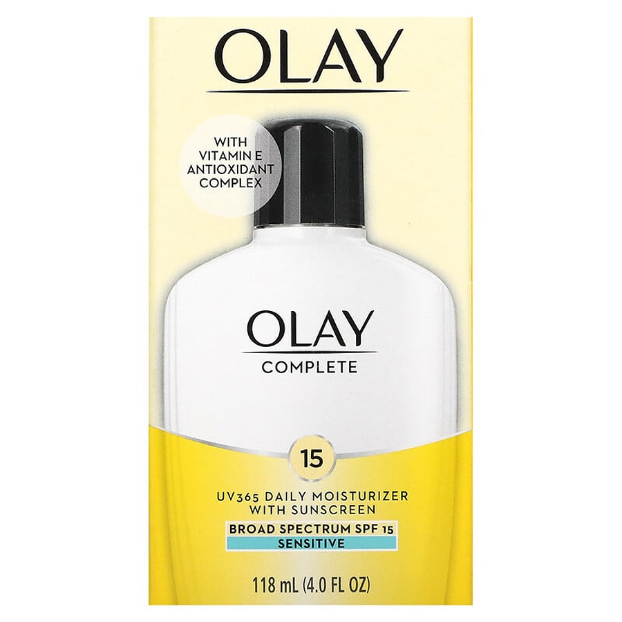 Olay Complete Sensitive UV 365 Broad Spectrum SPF 15 daily moisturizer with sunscreen in a 4 fl oz bottle, for face skincare.