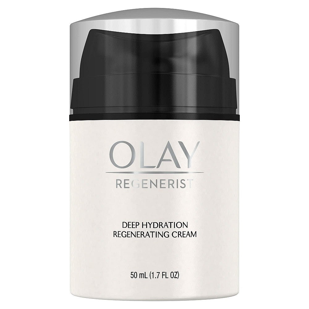 Olay Regenerating Cream deep hydration face moisturizer in 1.7 Fl Oz jar, smooth cream texture for revitalizing skin.