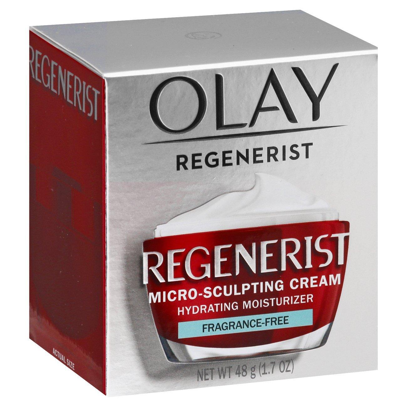 Fragrance-free Olay Regenerist Micro-Sculpting Cream face moisturizer in a jar, designed for hydrating and firming skin.