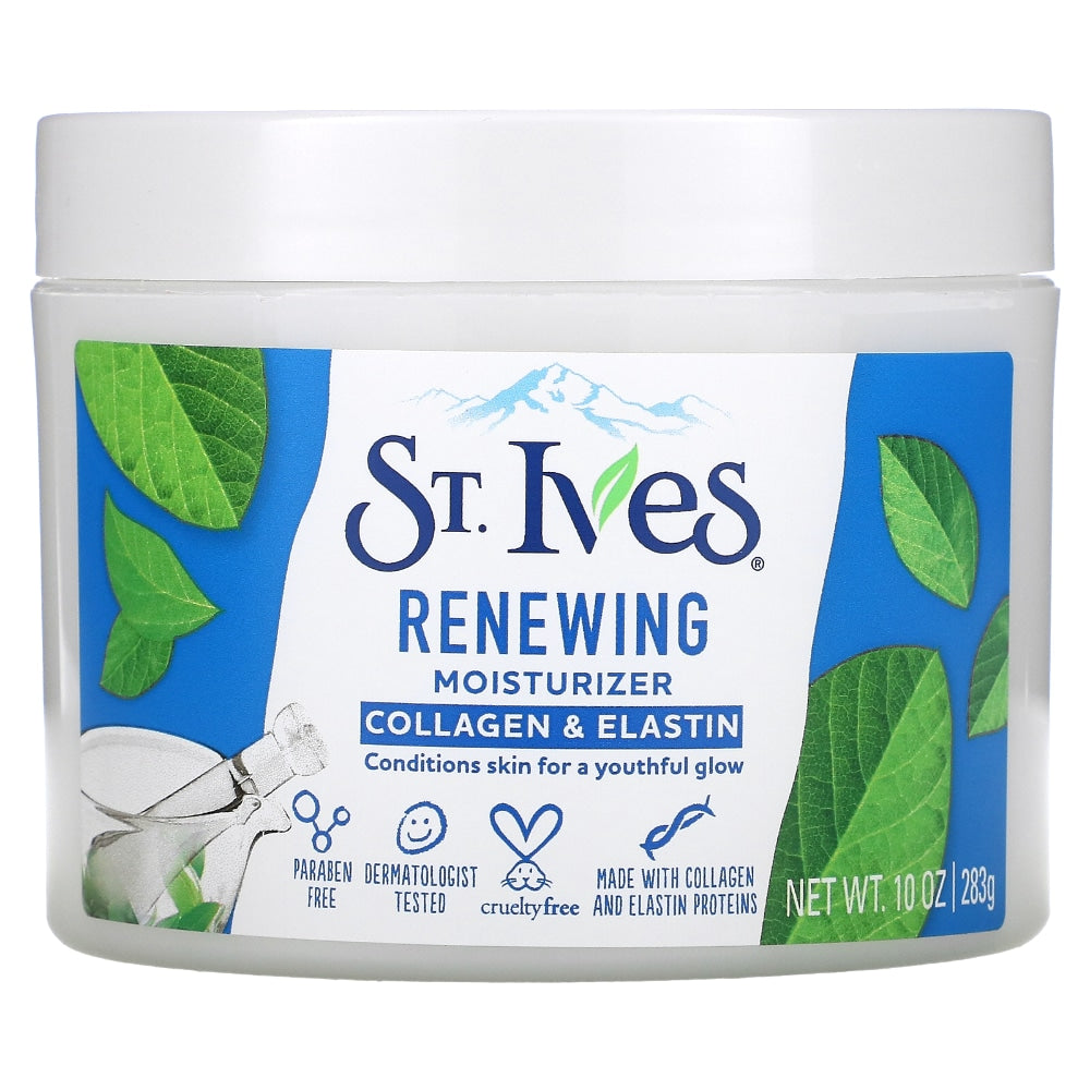 St. Ives Renewing Collagen and Elastin Facial Moisturizer in 10 oz bottle, creamy texture, smooth skin appearance